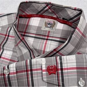 Cinch Western Shirt Men XL White Gray Red Plaid Long Sleeve Pockets Cowboy Rodeo